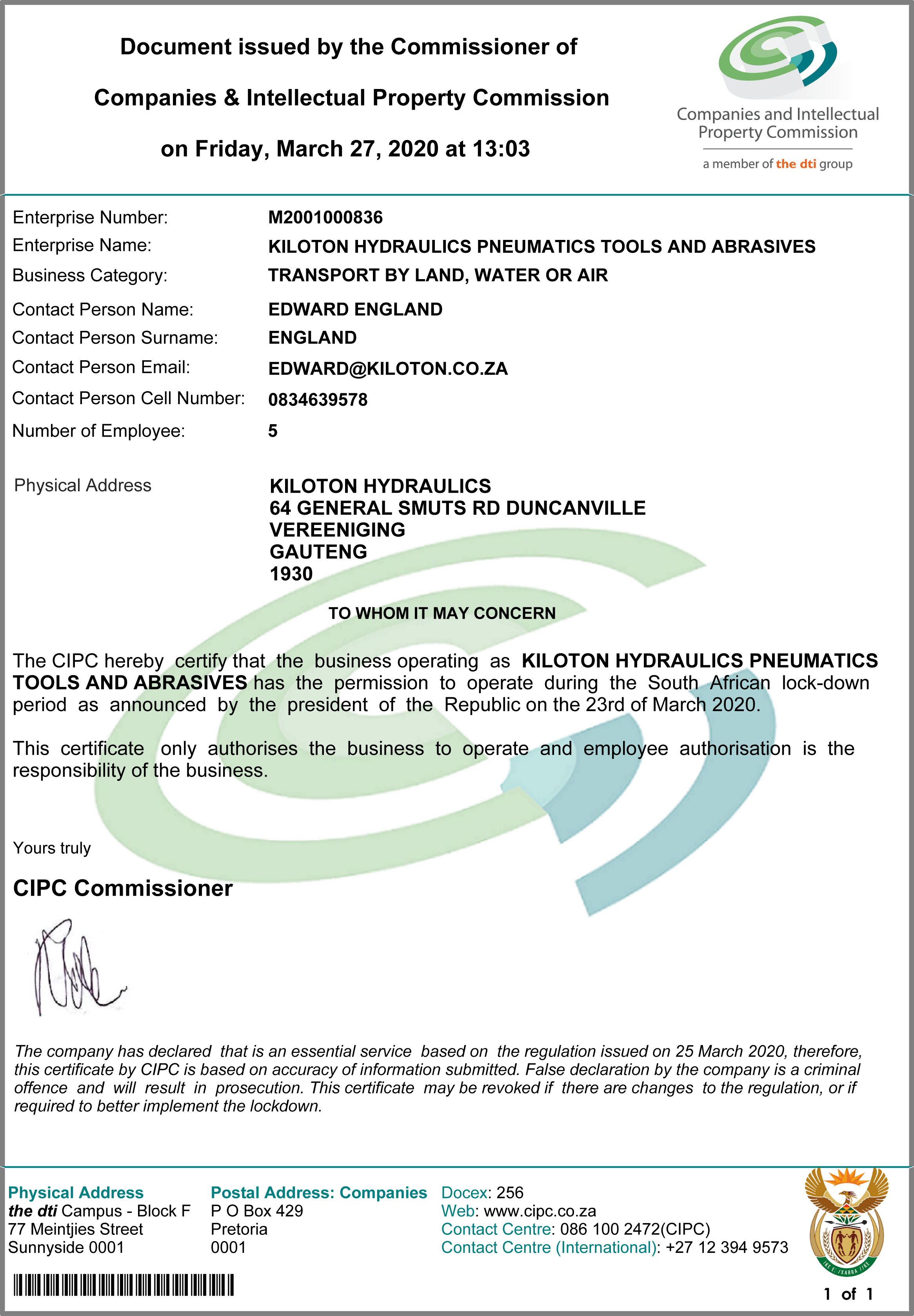 Essential Services Certificate Kiloton